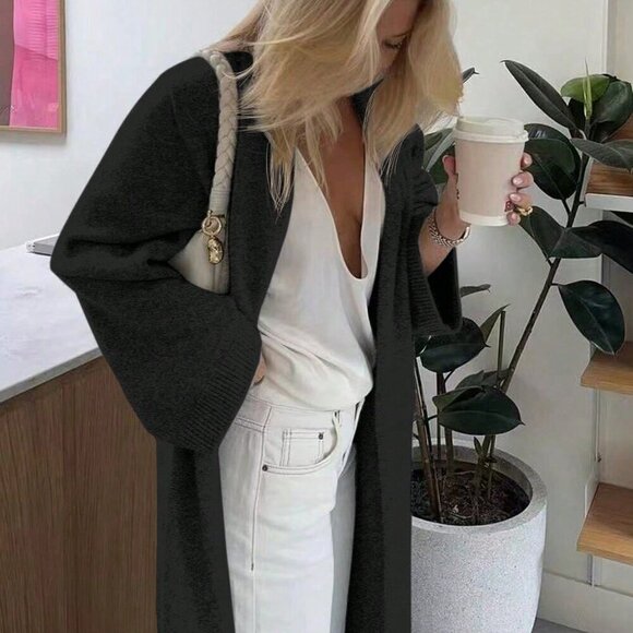 Black Casual Women's V-Neck Buttonless Super Loose Long-Sleeved Knitted Cardigan - Picture 6 of 8